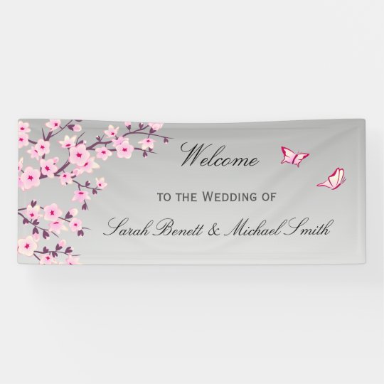 Floral Cherry Blossoms Pink Grey Wedding Banner