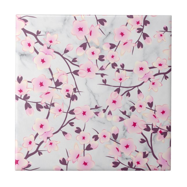 Floral Cherry Blossoms Pink Light Grey Marble Tile (Front)