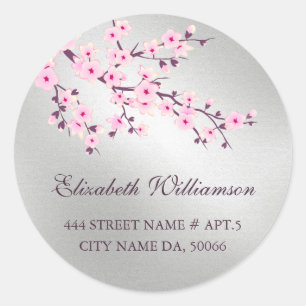 Floral Cherry Blossoms Pink Silver  Classic Round Sticker