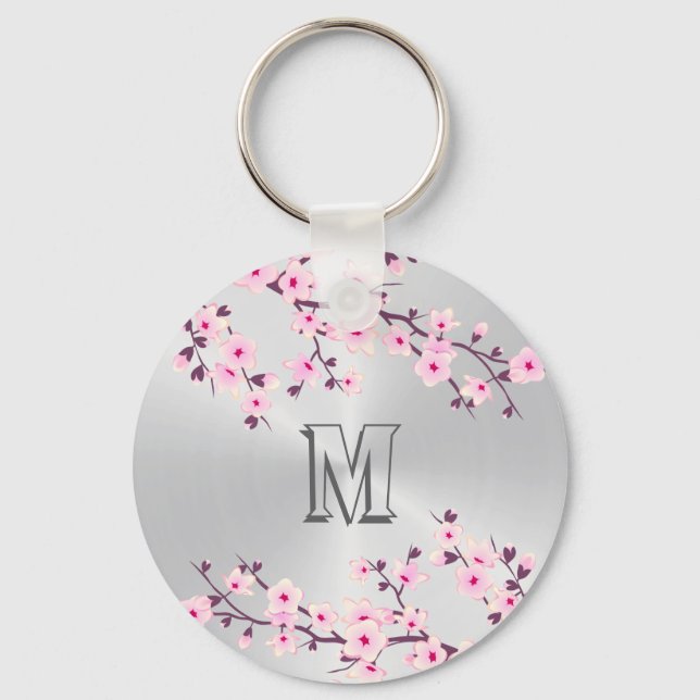 Floral Cherry Blossoms Pink Silver Monogram Keychain (Front)