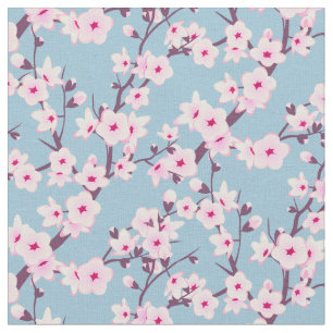 Floral Cherry Blossoms Pink Sky Blue Fabric