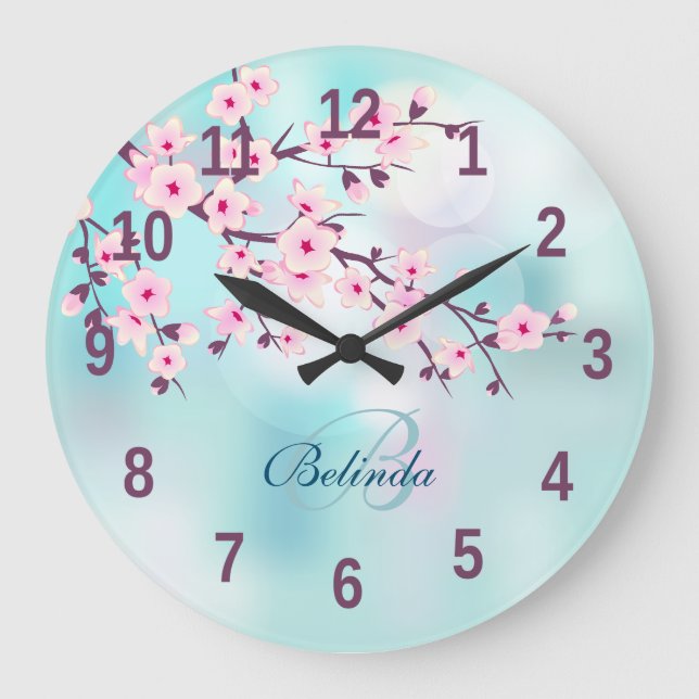 Floral Cherry Blossoms Pink Turquoise Add Name Large Clock (Front)