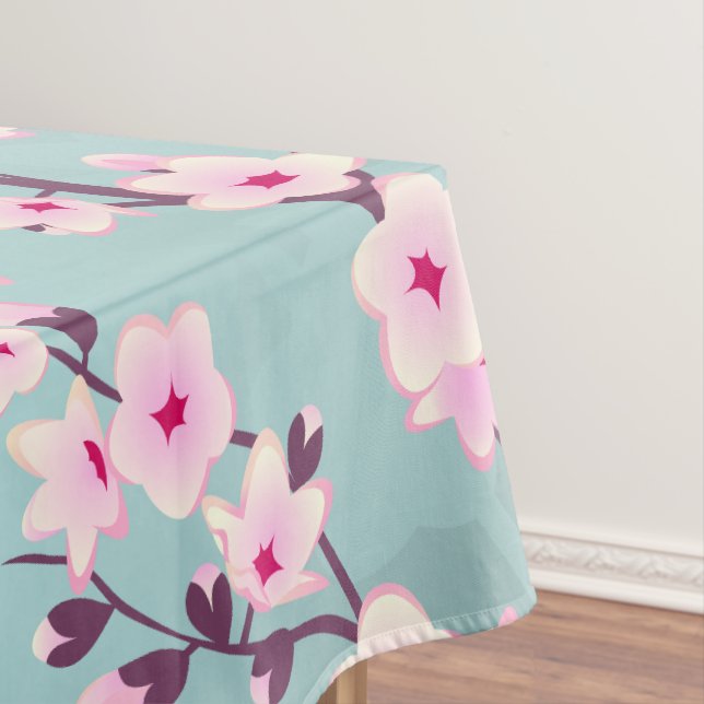 Floral Cherry Blossoms Pink Turquoise Tablecloth (In Situ)