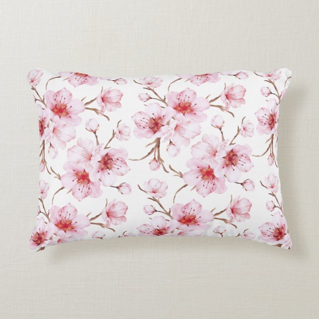 Floral Cherry Blossoms Pink White Accent Pillow (Front)