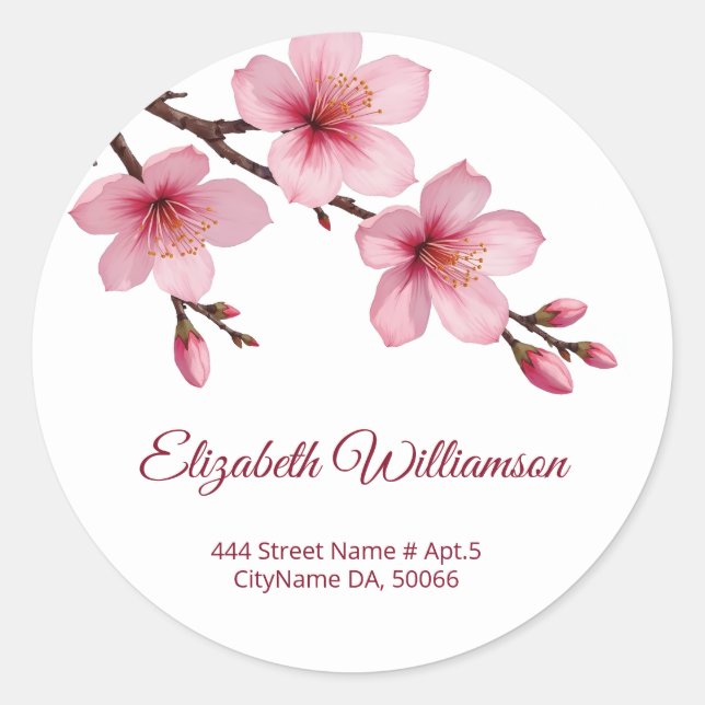 Floral Cherry Blossoms Pink White Classic Round Sticker (Front)