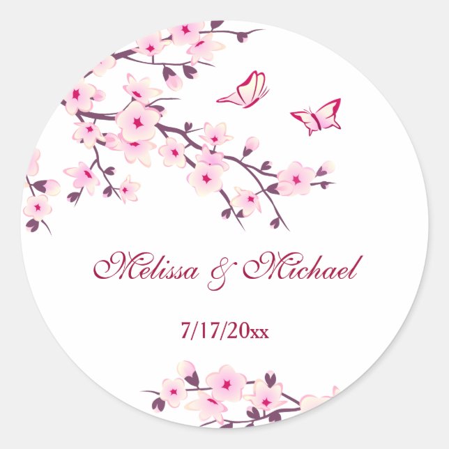 Floral Cherry Blossoms Pink White Classic Round Sticker (Front)