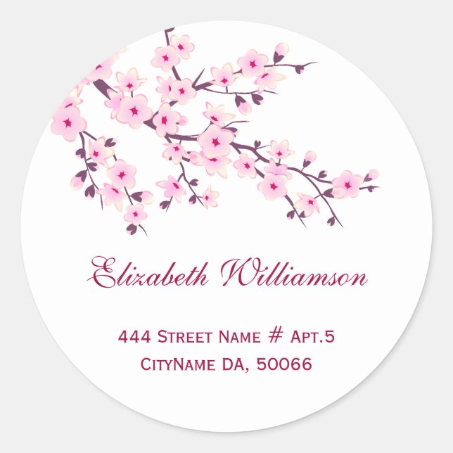 Floral Cherry Blossoms Pink White Classic Round Sticker (Front)