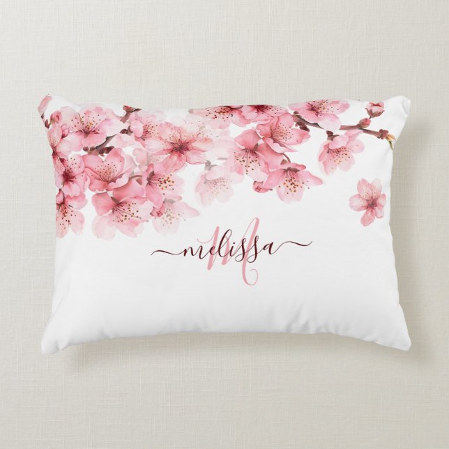 Floral Cherry Blossoms Pink White Customizable Accent Pillow (Front)