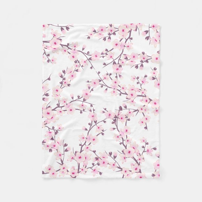 Floral Cherry Blossoms Pink White Fleece Blanket (Front)