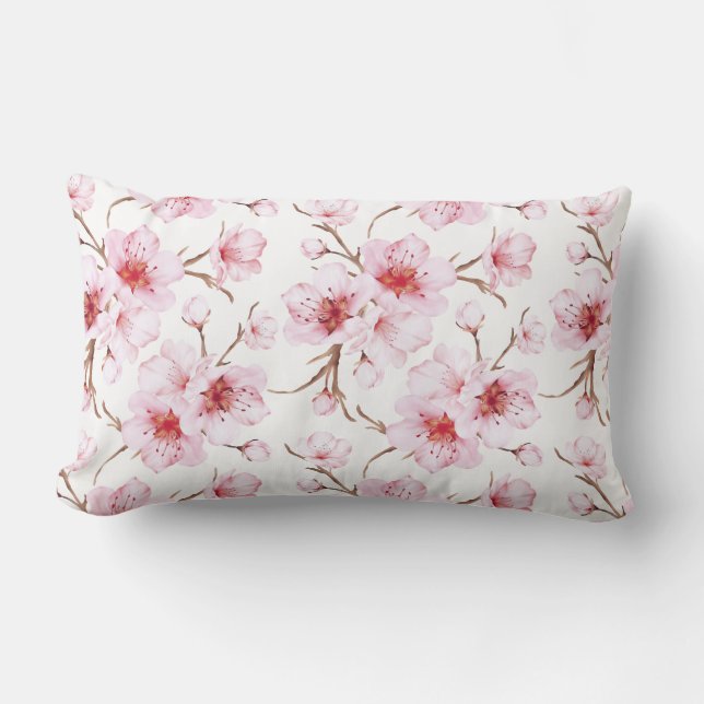 Floral Cherry Blossoms Pink White Lumbar Pillow (Front)