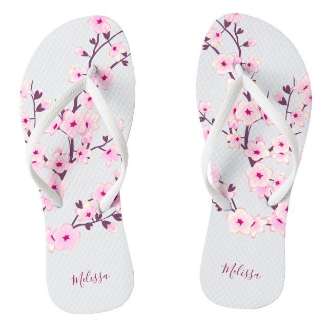 Floral Cherry Blossoms Pink White Monogram Flip Flops (Footbed)