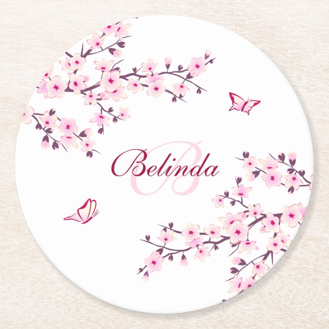Floral Cherry Blossoms Pink White Monogram Name Ba Round Paper Coaster (Front)