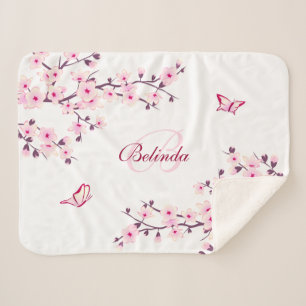 Floral Cherry Blossoms Pink White Monogram Sherpa Blanket