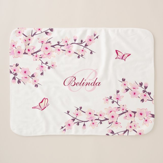 Floral Cherry Blossoms Pink White Monogram Sherpa Blanket (Front (Horizontal))