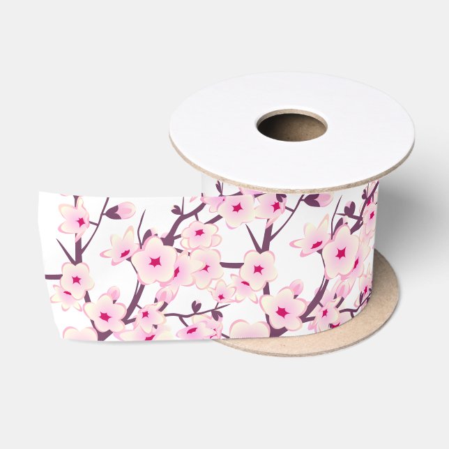 Floral Cherry Blossoms Pink White Satin Ribbon (Spool)