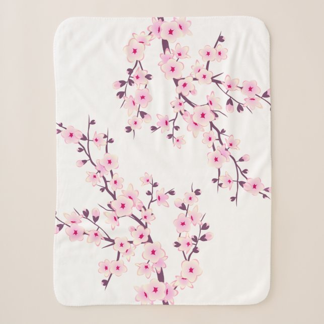 Floral Cherry Blossoms Pink White Sherpa Blanket (Front)