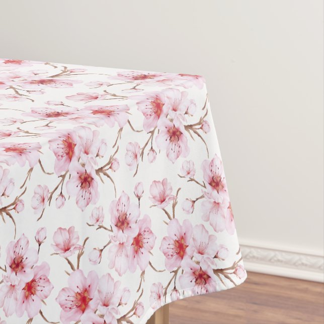 Floral Cherry Blossoms Pink White Tablecloth (In Situ)