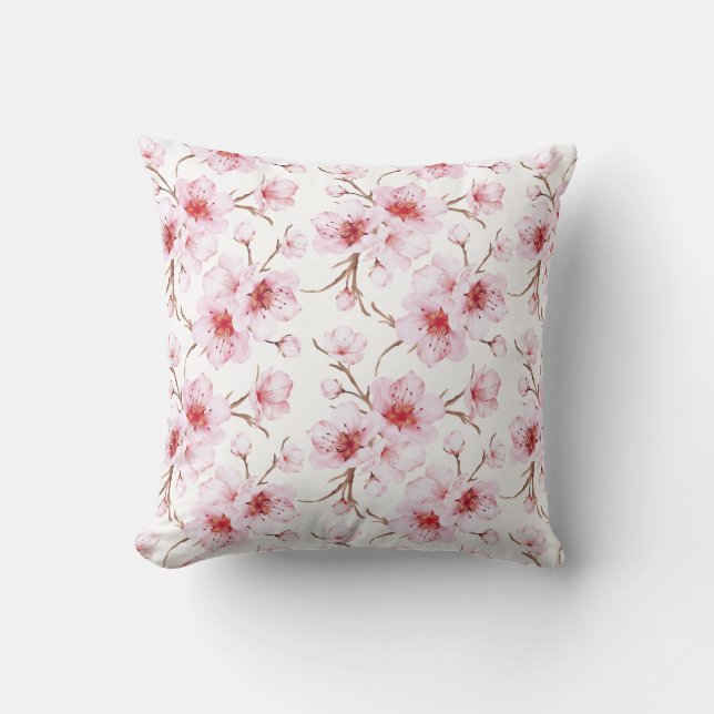Floral Cherry Blossoms Pink White Throw Pillow (Front)