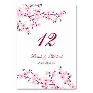 Floral Cherry Blossoms Pink White Wedding   Table Number