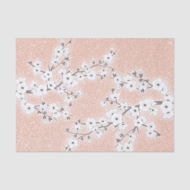 Floral Cherry Blossoms Rose Gold  Glitter Tissue Paper (Front)