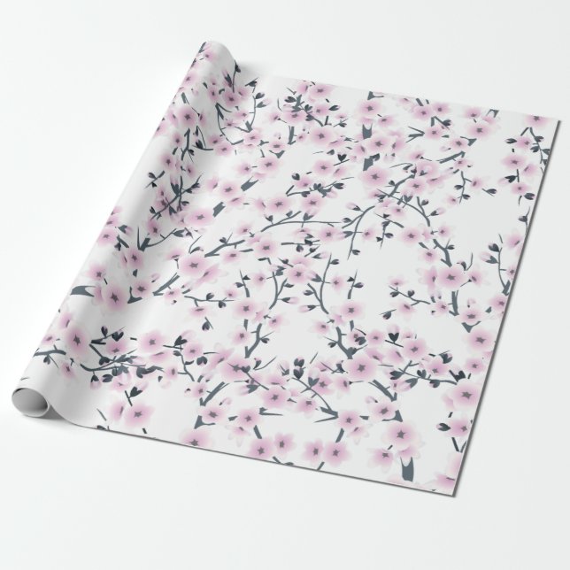 Floral Cherry Blossoms Sakura Pink White Pattern Wrapping Paper (Unrolled)