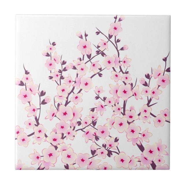Floral Cherry Blossoms (Sakura) Pink White Tile (Front)