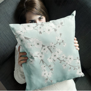 Floral Cherry Blossoms White Mint Throw Pillow
