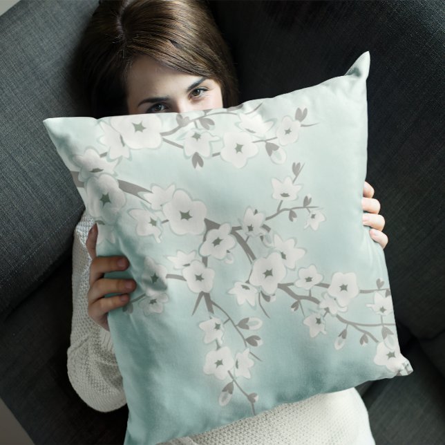 Floral Cherry Blossoms White Mint Throw Pillow (Creator Uploaded)