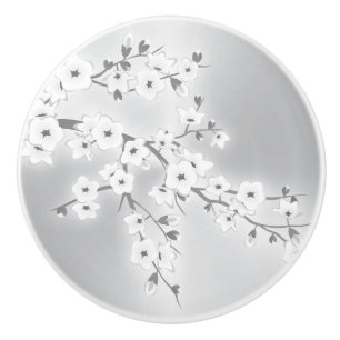 Floral Cherry Blossoms White Silver Ceramic Knob