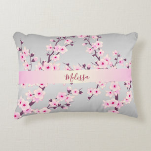 Floral Cherry Blossoms Your Name/Text Pink Grey Decorative Pillow