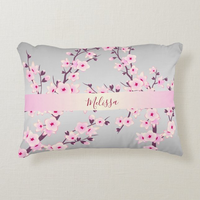 Floral Cherry Blossoms Your Name/Text Pink Grey Decorative Pillow (Front)