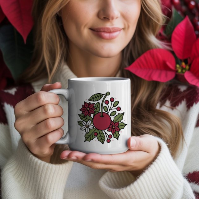 Floral cherry with poinsettia festive botanical coffee mug (Creator Uploaded)