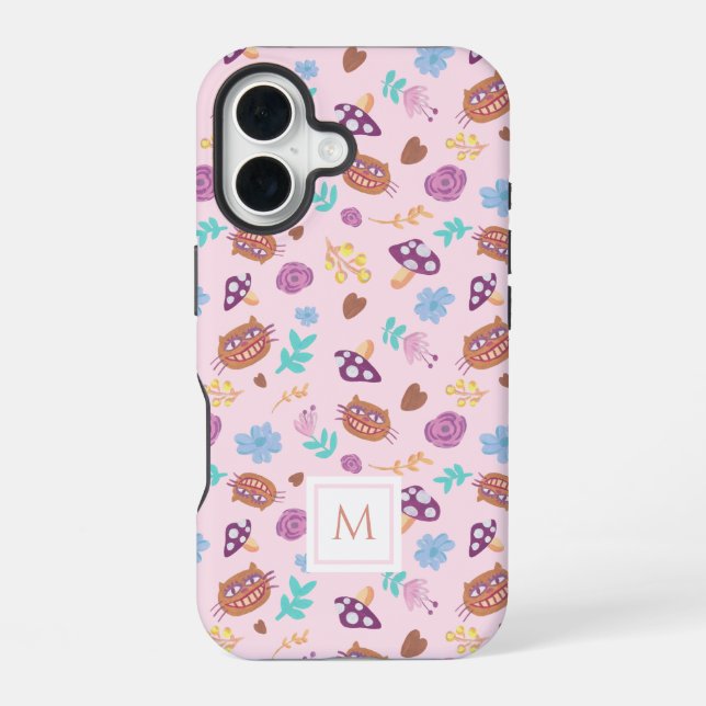 Floral Cheshire Cat Pattern Pink Monogram iPhone 16 Case (Back)