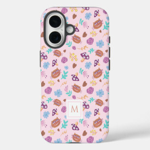 Floral Cheshire Cat Pattern Pink Monogram iPhone 16 Case