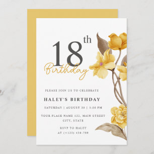 Floral Chic Elegant Simple Yellow 18th Birthday Invitation
