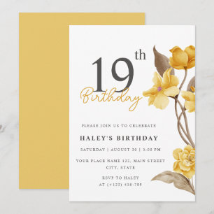 Floral Chic Elegant Simple Yellow 19th Birthday Invitation