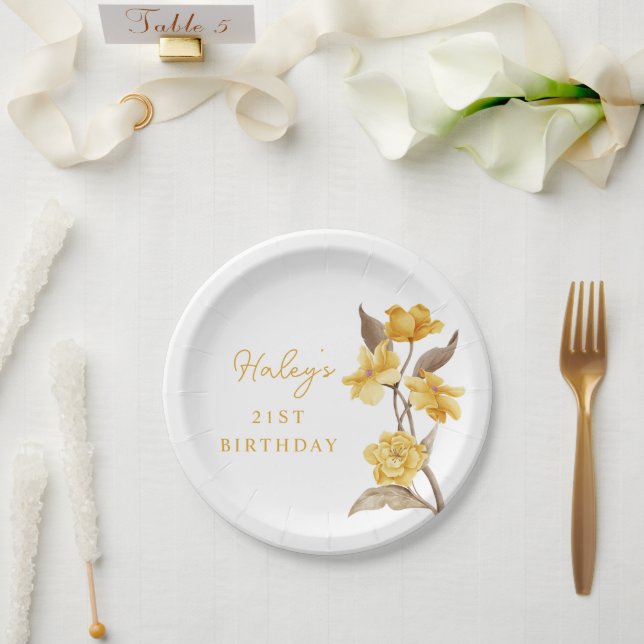 Floral Chic Elegant Simple Yellow 21st Birthday Paper Plate (Wedding)