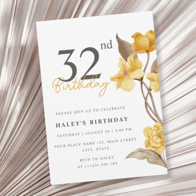 Floral Chic Elegant Simple Yellow 32nd Birthday Invitation (Creator Uploaded)