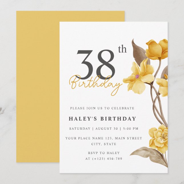 Floral Chic Elegant Simple Yellow 38th Birthday Invitation (Front/Back)