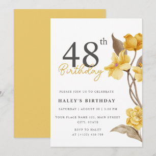 Floral Chic Elegant Simple Yellow 48th Birthday Invitation