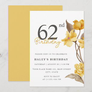 Floral Chic Elegant Simple Yellow 62nd Birthday Invitation