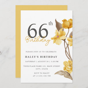 Floral Chic Elegant Simple Yellow 66th Birthday Invitation
