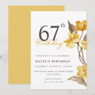 Floral Chic Elegant Simple Yellow 67th Birthday Invitation