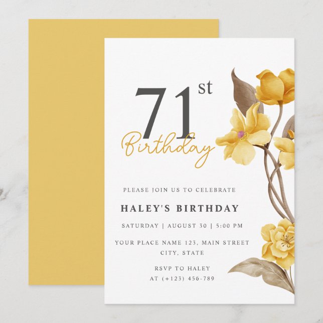 Floral Chic Elegant Simple Yellow 71st Birthday Invitation (Front/Back)