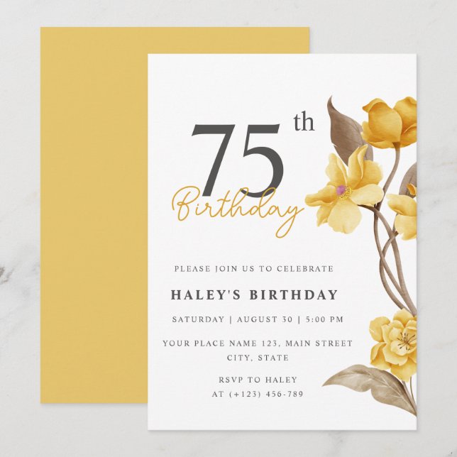 Floral Chic Elegant Simple Yellow 75th Birthday Invitation (Front/Back)