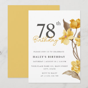 Floral Chic Elegant Simple Yellow 78th Birthday Invitation