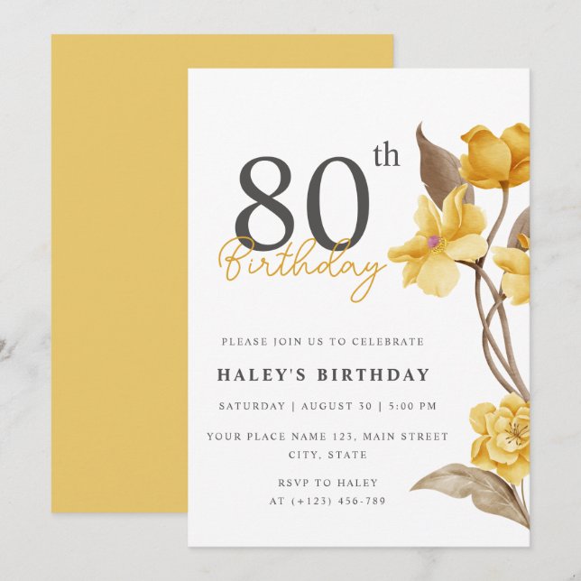 Floral Chic Elegant Simple Yellow 80th Birthday Invitation (Front/Back)