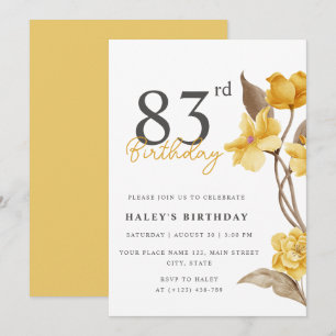 Floral Chic Elegant Simple Yellow 83rd Birthday Invitation