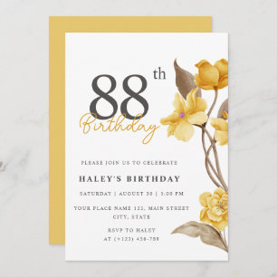 Floral Chic Elegant Simple Yellow 88th Birthday Invitation