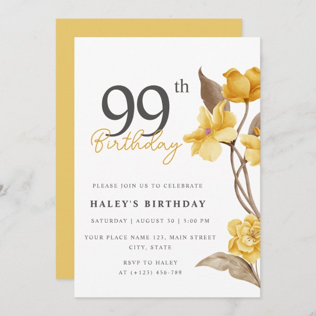 Floral Chic Elegant Simple Yellow 99th Birthday Invitation (Front/Back)
